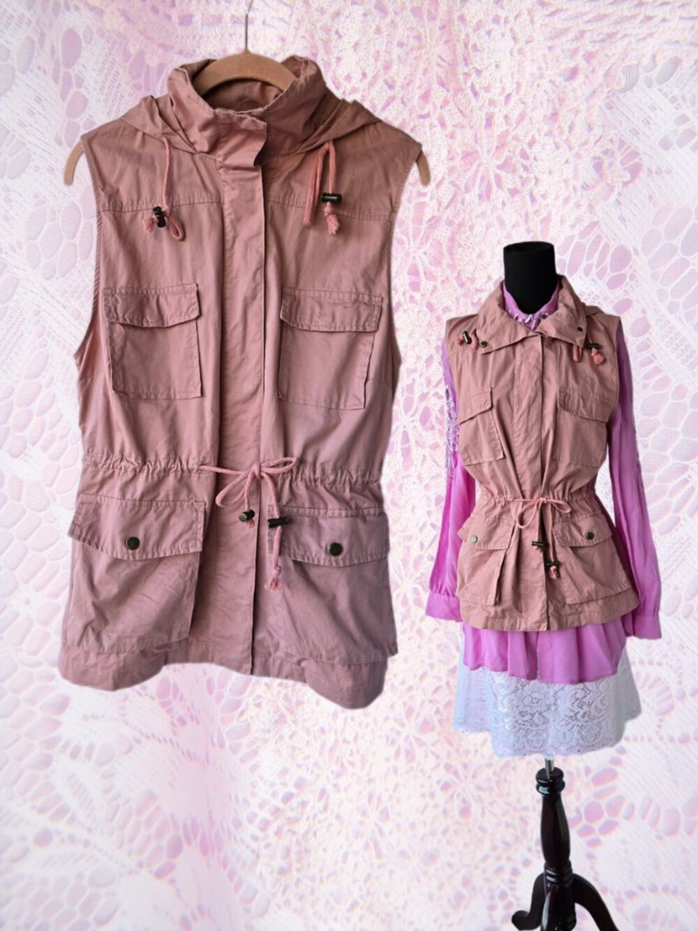 Love Tree Blush Pink Utility Vest 100% Cotton Hooded Jacket Size Medium